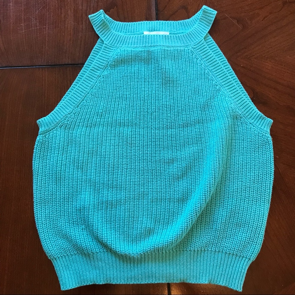 Aqua Cropped Knit Halter Top // Tank Top // Sz Large // Summer